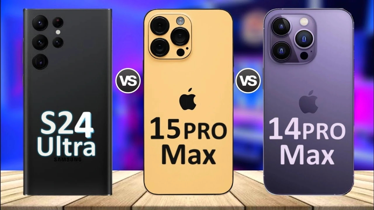Side-by-side comparison of Samsung S24 Ultra and Apple 15 Pro Max, highlighting their distinct designs and features.