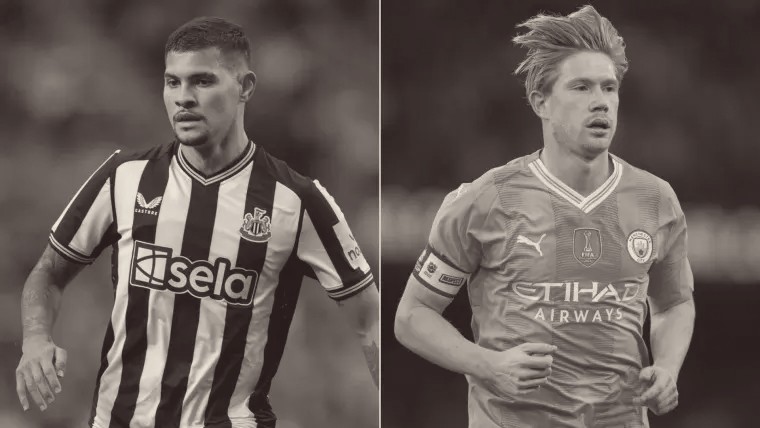 Side-by-side comparison of a Newcastle player and a Manchester City player, representing the Newcastle vs Man City match rivalry.