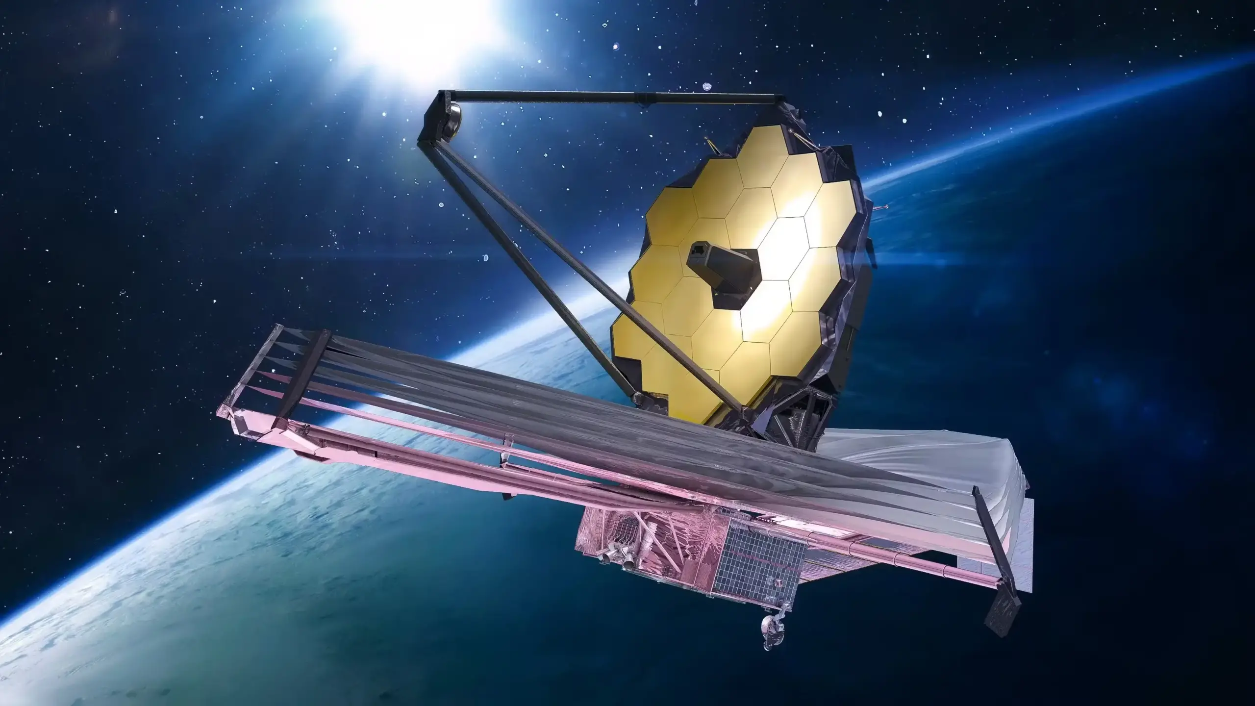 Digital visualization of the James Webb Space Telescope exploring a nebula, with its instruments pointed towards a colorful cloud of gas and dust.