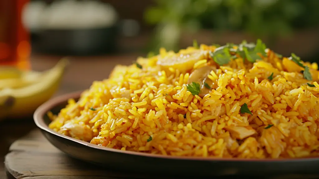 A steaming, aromatic pot of biryani, with layers of golden saffron rice and tender marinated meat, garnished with fresh cilantro and fried onions, capturing the essence of traditional Indian cuisine.